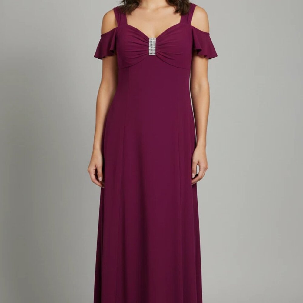Evening Gown Magenta Berry Sweetheart Neckline Cold Shoulder Embellished Size 16 - Picture 1 of 14